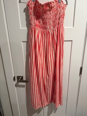 Universal Thread Coral and White Striped Smocked Midi Dress